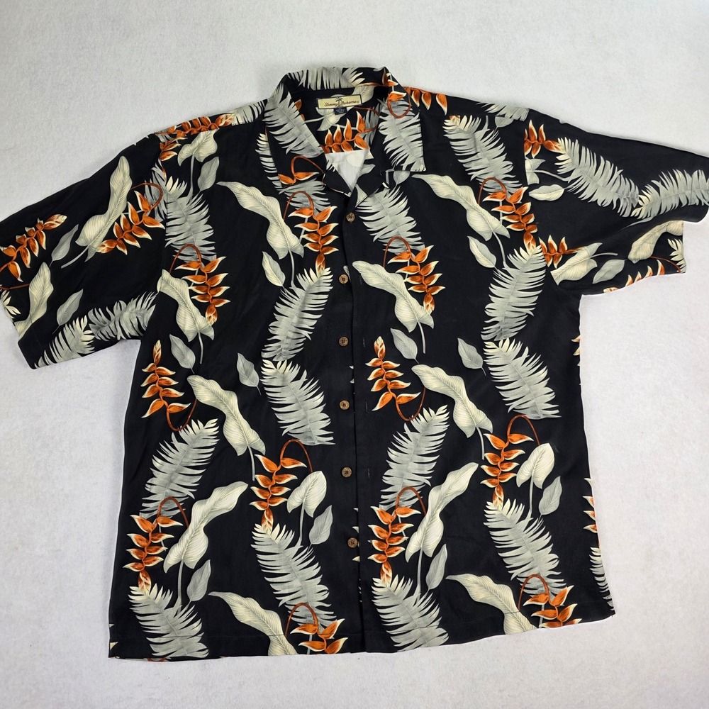 Tommy Bahama Mens XL Silk Camp Shirt Black Tropical Leaf Floral Button Down 100% - Picture 2 of 8